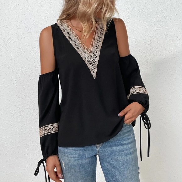 Boho Black Cold Shoulder Lace Blouse - Picture 2 of 6